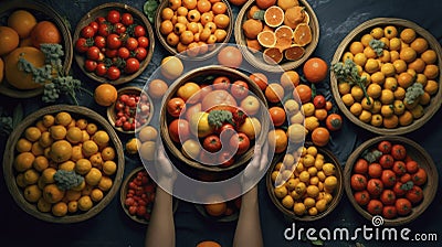 Food safety conceptual background. Hands holding a fruit basket. Stock Photo