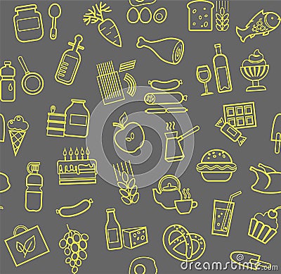 Food, seamless pattern, contour, gray-yellow, grocery store, vector. Vector Illustration