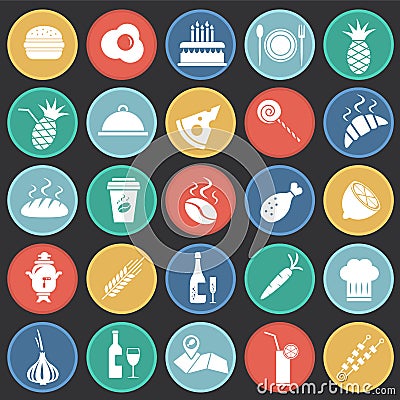 Food set on color circles flat Vector Illustration