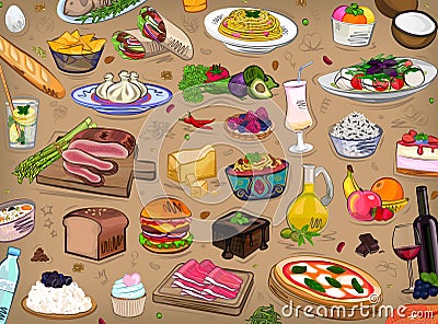 Food set, different, restaurant, vector illustration Vector Illustration