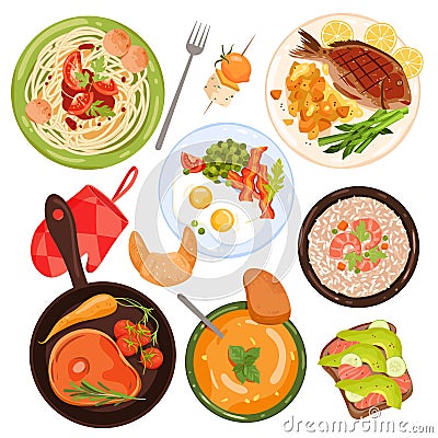 Food set, top view, sandwich with salmon and avocado, fried eggs with bacon, pumpkin soup Vector Illustration