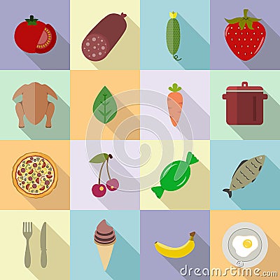 Food set of various icons on cooking. Fruits, vegetables, berries, meat set of colored icons Vector Illustration