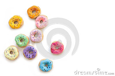 Toy food for children`s games. Hand-made donuts made of fabric, Stock Photo