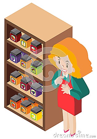 Food on shelves and shopkeeper in 3D design Vector Illustration