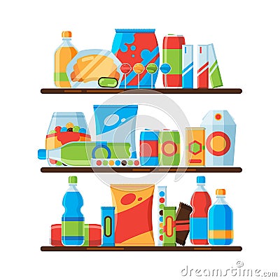 Food shelves. Snack crisp cold soda drinks in plastic bottles crackers junk food promoting vector illustrations Vector Illustration