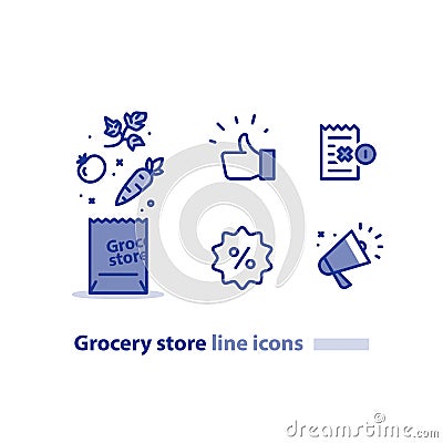 Food shopping bag, grocery store package, fresh vegetables line icon, sale announcement megaphone Vector Illustration