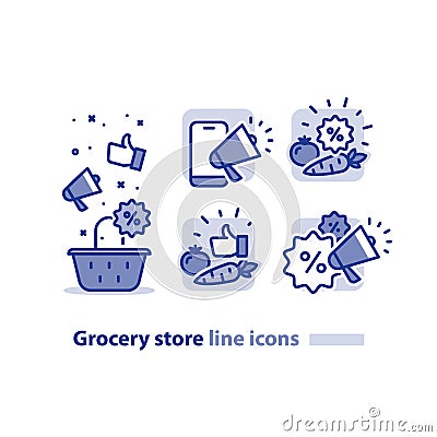 Food shopping, grocery store basket, cheap vegetables line icon, sale announcement megaphone Vector Illustration