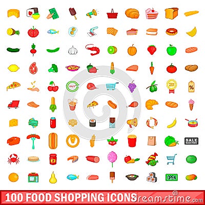 100 food shopping icons set, cartoon style Vector Illustration