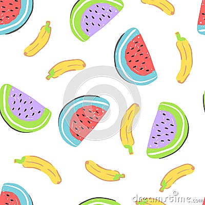 Food simple sketh drawn hand seamless pattern with banana, watermelon, red, yellow and purple colors. For wallpapers Vector Illustration