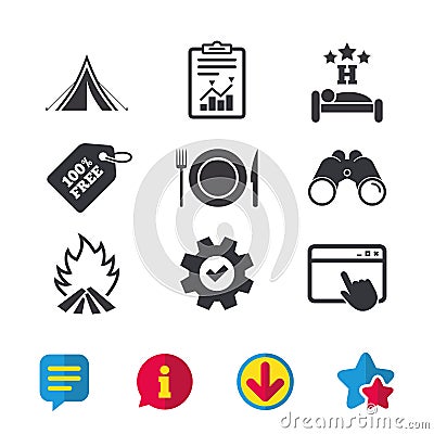 Food, sleep, camping tent and fire signs. Vector Illustration