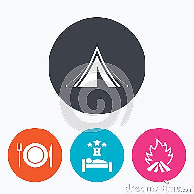 Food, sleep, camping tent and fire signs. Vector Illustration