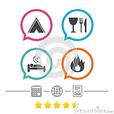 Food, sleep, camping tent and fire signs. Vector Illustration