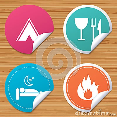Food, sleep, camping tent and fire signs. Vector Illustration