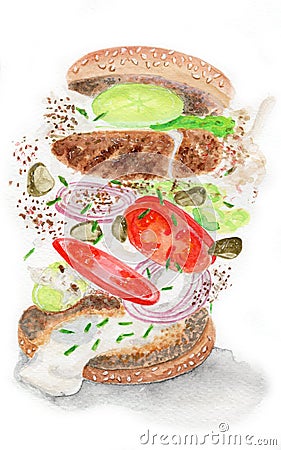 Food and snacksin medical masks painted in watercolors. Instead of masks, there are various things that they are associated with. Stock Photo