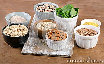 Food Sources of Silicon on wooden table. Stock Photo