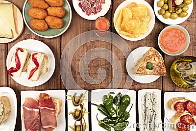The food of Spain. Overhead photo of many different Spanish tapas with copy space Stock Photo