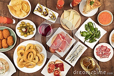 The food of Spain. Overhead photo of many different Spanish tapas Stock Photo