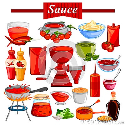 Food and Spice ingredient for Chilli and Tomato Ketchup or Sauce Vector Illustration