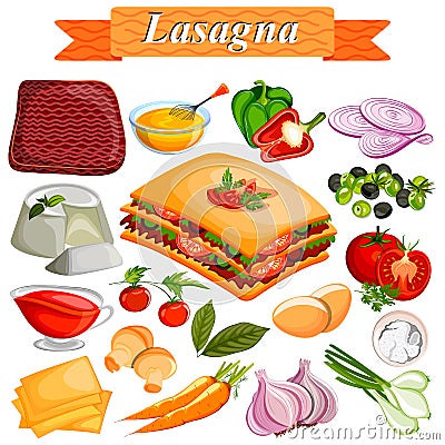 Food and Spice ingredient for Lasagana Vector Illustration