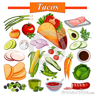 Food and Spice ingredient for Mexican snack Tacos Vector Illustration