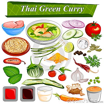 Food and Spice ingredient for Thai Green Curry Vector Illustration