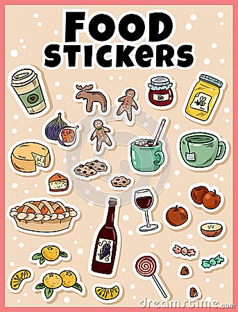 Food sticker set. Stickers, pins, patches and labels collection in cartoon comic style Vector Illustration