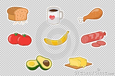 Food stickers set. Bread coffee cup chicken tomatoes banana, sausage avocado and butter stickers. Vector illustration Cartoon Illustration