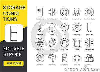Food storage conditions marks, line icon set in vector, editable stroke, temperature range and cold storage, box and Vector Illustration
