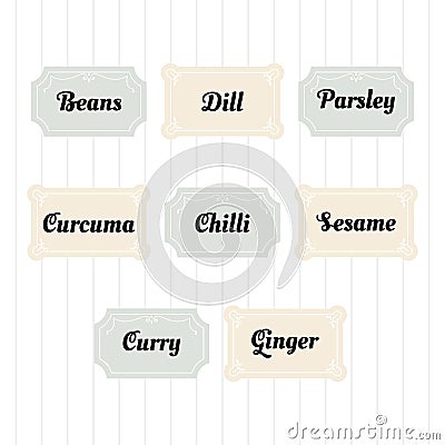 Food storage labels. Kitchen food tags collection for kitchen containers or jars. Curry, curcuma, dill, chilli Vector Illustration