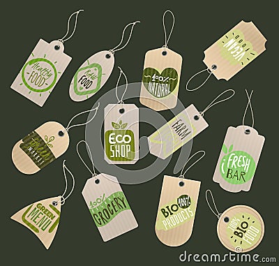 Food store labels. Paper tags with logo of healthy fresh organic fruits and vegetables for grocery marketplace or shop Vector Illustration