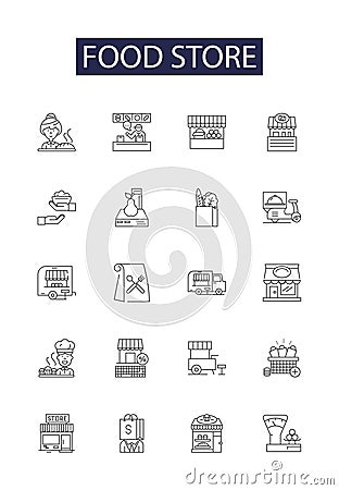 Food store line vector icons and signs. Supermarket, Provisions, Pantry, Purveyor, Provisioner, Provisionary, Commissary Vector Illustration