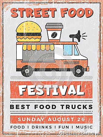 Food street festival. Kitchen in car mobile Van outdoor fast catering delivery vector vintage poster design Vector Illustration