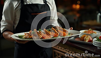 Food stylist decorating meal for presentation in modern restaurantClose up of stylish hand. Stock Photo