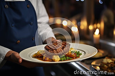 Food stylist decorating meal for restaurant presentationClose up of waiter carrying food. Stock Photo