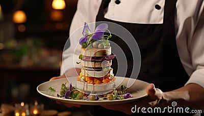 Food stylist decorating mouthwatering meal in trendy restaurantClose up on stylish hand. Stock Photo