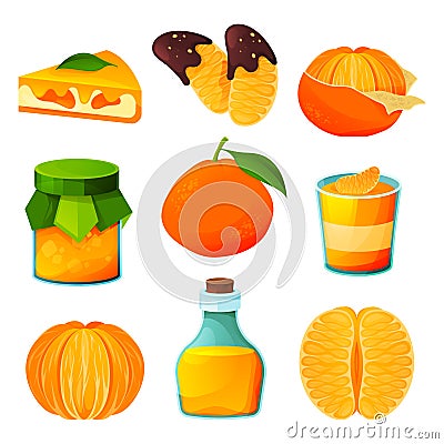 Food from tangerine, fruit sweet products, drinks Vector Illustration