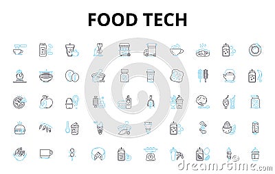Food tech linear icons set. Automation, Biodegradable, Biosensors, Blockchain, Co-packaging, Cultured, Delivery vector Vector Illustration