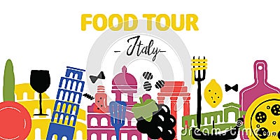 Food tour. Italy. Travel agency banner. Vector illustration. Cartoon Illustration