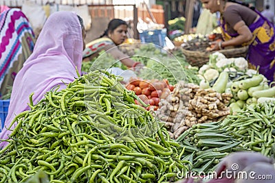 Food trader selling vegetables in street market. Udaipur, Rajasthan, India Editorial Stock Photo