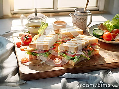 Food trend Katsu sando japanese sandwiches with chicken and vegetables. Generative AI Stock Photo