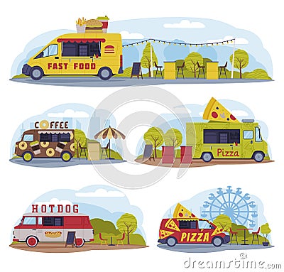 Food Truck as Equipped Motorized Vehicle for Cooking and Selling Street Food Rested in Park Vector Set Vector Illustration