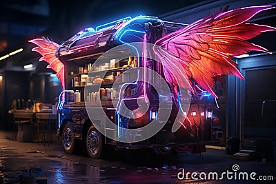 Food truck on asian night city street in cyberpunk style. Generative AI Stock Photo