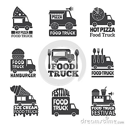 Food truck car. Street catering fast delivery mobile van monochrome badges or vector logo Vector Illustration