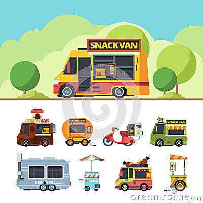 Food truck colorful flat vector illustrations set Vector Illustration