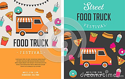 Food truck fair, Night market, Summer fest, food and music street fair, family festival poster and banner Vector Illustration