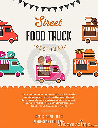 Food truck fair, Night market, Summer fest, food and music street fair, family festival poster and banner Vector Illustration