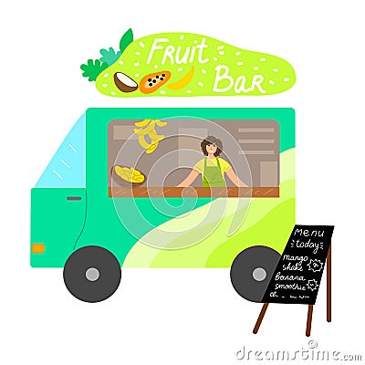 Food truck with fresh fruit bar, menu with written positions and smiling seller Vector Illustration
