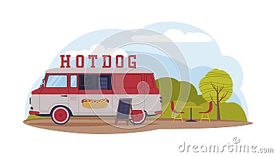 Food Truck in Green Park Area Cooking and Selling Hot Dog and Street Food Vector Illustration Vector Illustration