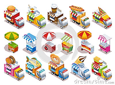 Food Truck Isometric Icons Set Vector Illustration