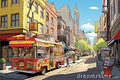 A food truck parked along the street, offering a range of tasty dishes to satisfy all appetites, A food truck serving hot dogs in Stock Photo